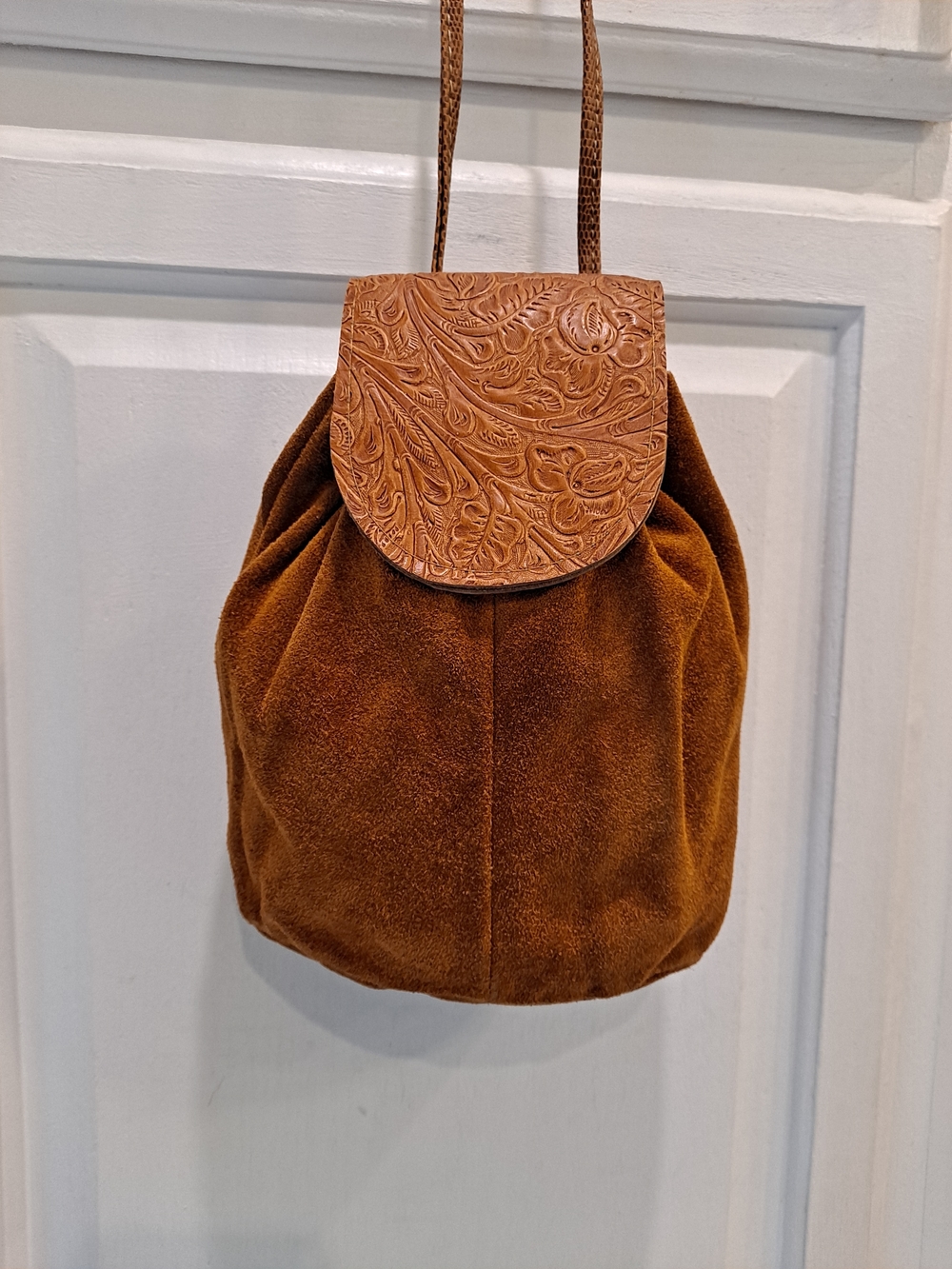Artisan Brown Suede Mini Bucket Hobo Bag Floral Tooled Leather Flap Snake Strap